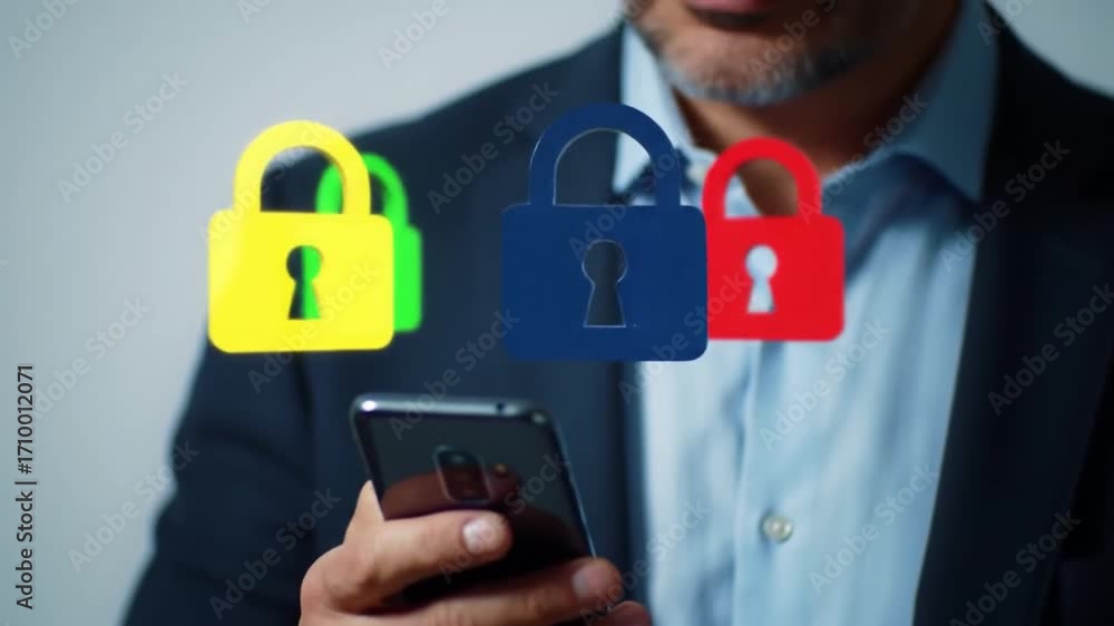 Poster man in dark suit using smartphone with floating lock icons