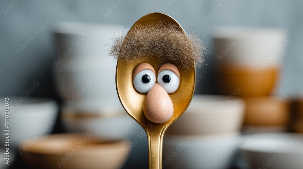 Poster a spoon with a face on it is sitting on a table with many bowls. the spoon has a nose and eyes, and 