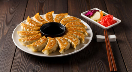 side view of gyoza dumplings with sauce on wood background 