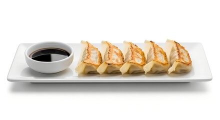 japanese gyoza dumplings on white platter on white background 