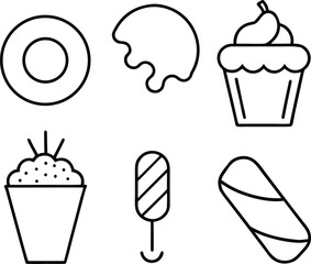 Six simple black line icons of food and sweets on white dessert ice cream