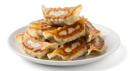 side view of gyoza on white plate isolated on white background 