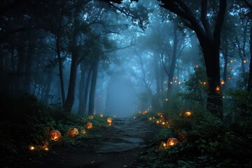 Foggy forest path illuminated by glowing pumpkins creates an enchanting atmosphere perfect for Halloween celebrations and spooky adventures