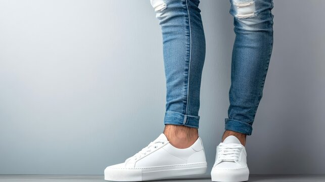 Stylish Male Thighs in Torn Denim Jeans and Trendy White Sneakers on a Cool Grey Background