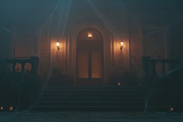Haunted house facade with eerie lighting and webs creates a chilling atmosphere for Halloween night celebrations in a spooky neighborhood