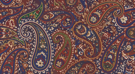 Intricate paisley pattern design in warm autumnal colors including red, brown, gold, green, and blue for textile, wallpaper, and fashion design projects