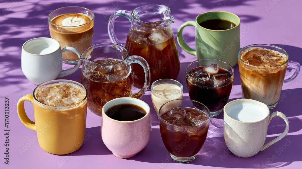 Poster a row of coffee cups and pitchers are lined up on a table. the cups and pitchers are of various size