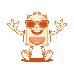 Cool schoolbag backpack cartoon character in sunglasses isometric vector illustration. Funky smiling school bag pupil studying education minimalist mascot in summer eyeglasses rock gesture