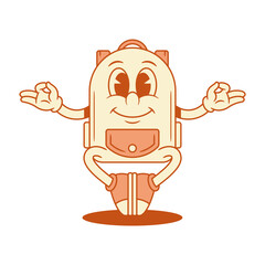 Smiling schoolbag backpack cartoon character yoga meditation isometric vector illustration. Happy cheerful positive school bag education minimalist mascot lotus namaste relax life balance mindfulness