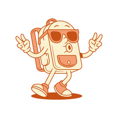 Funky cool schoolbag backpack cartoon character in sunglasses isometric vector illustration. Cheerful comic school bag pupil education minimalist mascot peace gesture whistling in summer eyeglasses