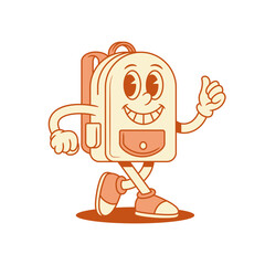 Funny schoolbag backpack cartoon character going isometric vector illustration. Laughing cheerful cute school bag pupil education studying minimalist mascot walking smiling with positive emotion