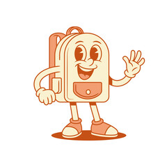 Cute friendly schoolbag backpack cartoon character hi hello isometric vector illustration. Smiling comic funny school bag pupil studying education minimalist mascot greeting welcome waving hand