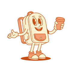 Comic smiling schoolbag back to school cartoon character with coffee isometric vector illustration. Happy cheerful cute backpack bag pupil education studying minimalist mascot morning drink beverage