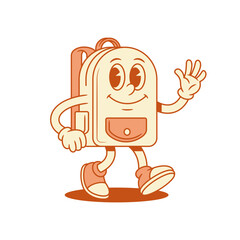 Cute funny schoolbag back to school cartoon character greeting isometric vector illustration. Smiling happy backpack bag pupil education mascot walking having fun welcome hi hello waving hand