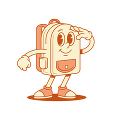 Funny schoolbag back to school cartoon character looking forward isometric vector illustration. Comic smiling backpack bag pupil education minimalist mascot searching trying to find positive emotion