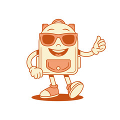 Funny schoolbag back to school cartoon character in sunglasses isometric vector illustration. Smiling cheerful backpack bag pupil education studying minimalist mascot in summer eyeglasses cool good