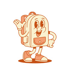 Happy schoolbag back to school cartoon character hello isometric vector illustration. Smiling cute cheerful backpack bag pupil studying minimalist mascot friendly greeting hi positive waving hand