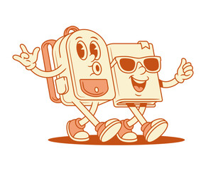 Funny schoolbag and book friends back to school cartoon character isometric vector illustration. Smiling happy backpack bag textbook literature minimalist mascot library education knowledge learning