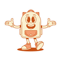 Positive schoolbag back to school cartoon character welcome isometric vector illustration. Smiling happy backpack bag pupil education minimalist mascot friendly greeting overjoyed cheerful emotion