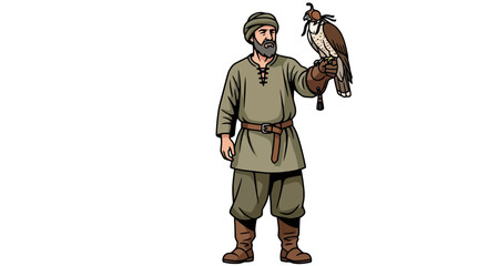 Fototapeta premium A digital illustration of a traditional falconer holding a bird of prey on his gloved hand, showcasing historical Middle Eastern culture and falconry practices for educational purposes