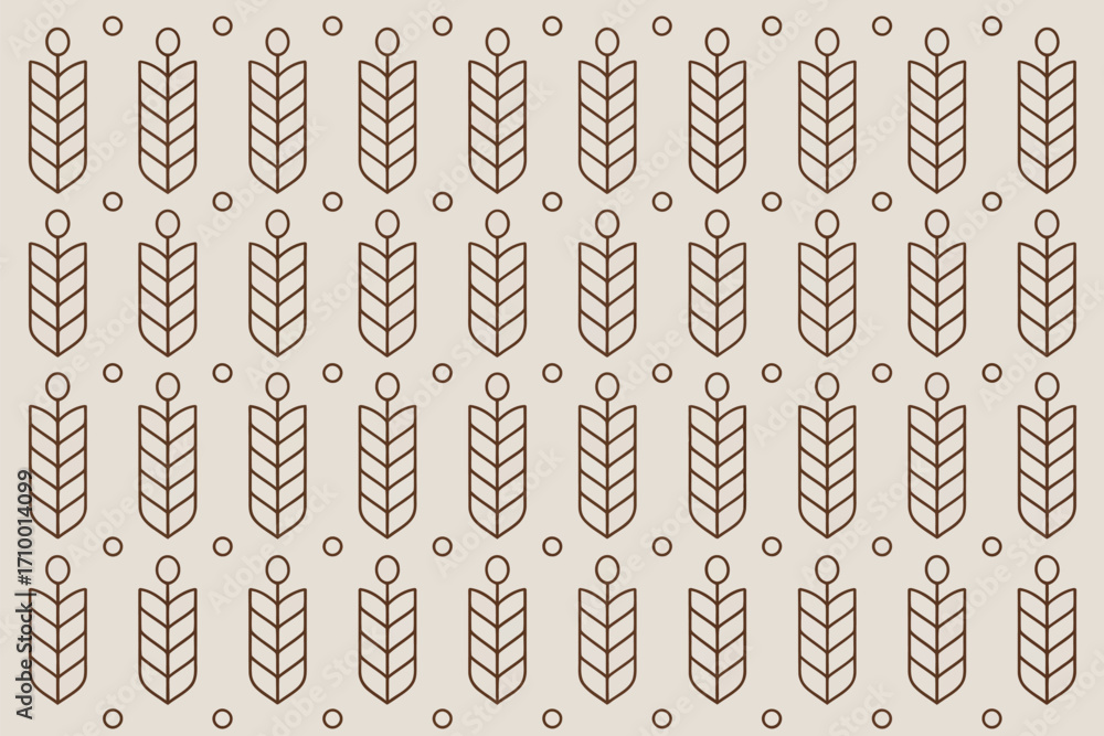 Poster pattern of stylized wheat stalks with circles in a repeating design on a beige background surface