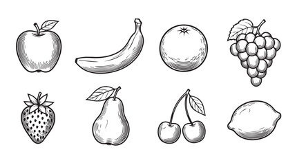 Hand drawn engraved style fruits collection apple banana orange grapes strawberry pear cherries lemon silhouette