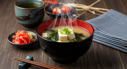 Steaming Hot Japanese Miso Soup with Tofu Wakame and Fresh Green Onions
