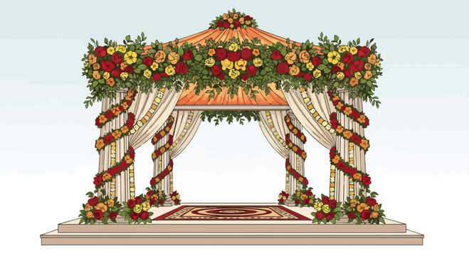 A beautifully decorated wedding mandap with vibrant floral arrangements and elegant draping for South Asian wedding ceremony designs and related cultural event decorations