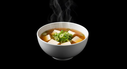 side view of  hot miso soup in bowl on black background 