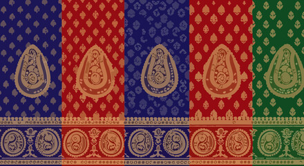 An ornate pattern of paisley motifs in blue, red, and green on fabric, perfect for textile design, apparel, or cultural background applications