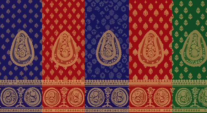 An ornate pattern of paisley motifs in blue, red, and green on fabric, perfect for textile design, apparel, or cultural background applications