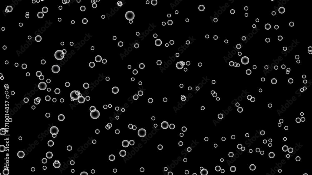 Poster dozens of hollow bubbles appearing randomly on black background illustrating concept of creation and