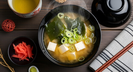 top view of hot miso soup on wooden table 