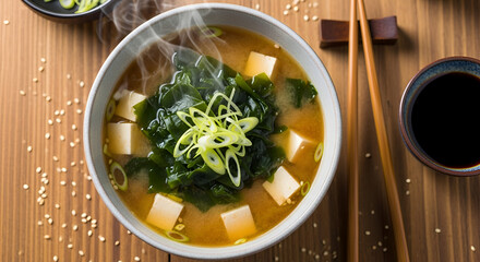 top view of miso soup with chopsticks on wood table 