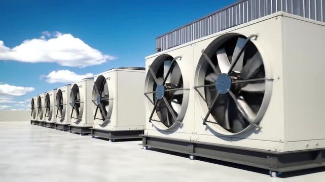 Row Of Large White Air Conditioning Units Against Bright Blue Sky