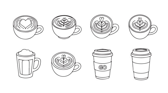 Hand drawn coffee drink collection diverse cups espresso latte cappuccino cafe beverages silhouette