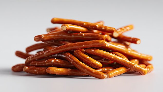 Pile of pretzel sticks, light golden brown, sprinkled with salt