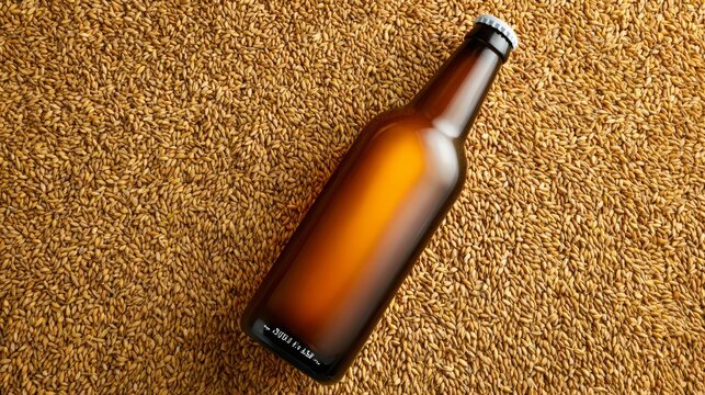 A bottle of beer is on a carpet. The bottle is brown and has a label on it