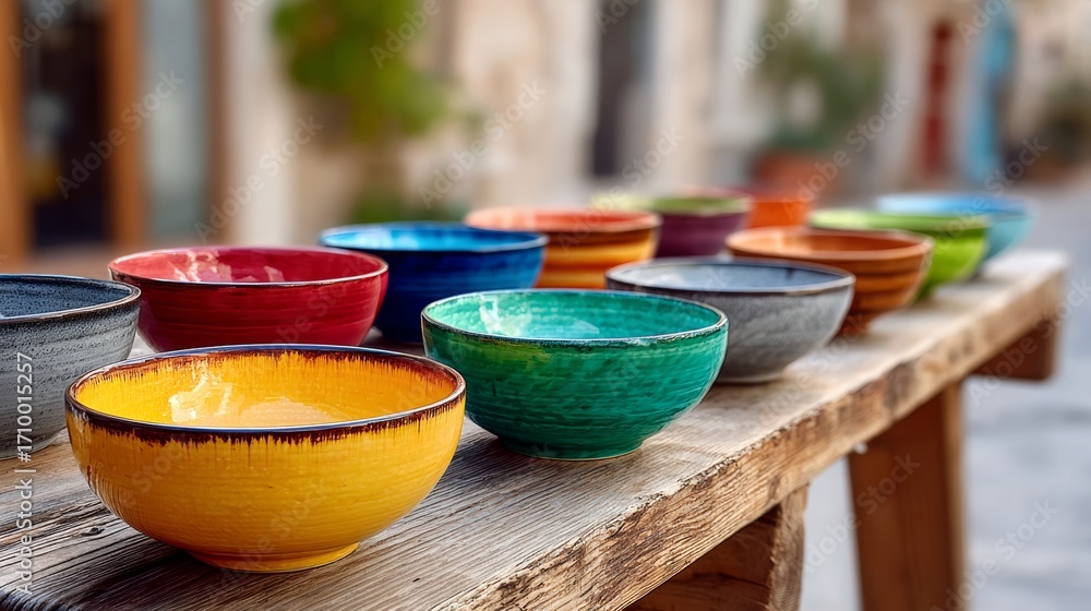 Poster a table with a variety of colorful bowls on it. the bowls are arranged in a row, with some being clo