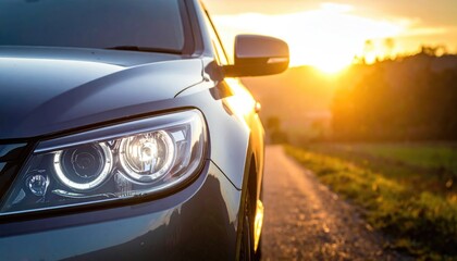 Car Headlight Close Up at Sunset on Asphalt Road, Automotive Transport Under Dramatic Sky, Travel and Transportation Concept, Outdoors