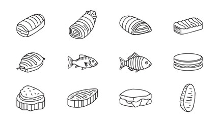 Collection of hand drawn food icons representing seafood meats and fresh ingredients for culinary design silhouette