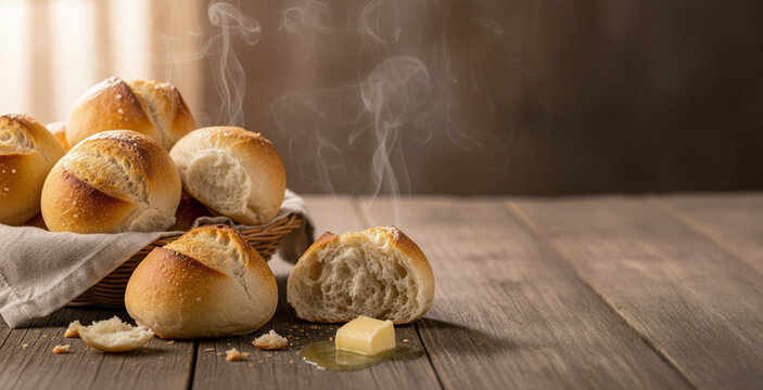 Fresh Brazilian p&atilde;o franc&ecirc;s bread rolls in basket and on wooden table