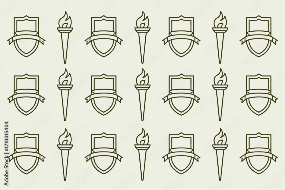 Poster repeated pattern of shields with banners and torches on a light background in a simple line style
