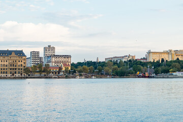 Naklejka premium Istanbul, Turkey. Scenic view of the Bosphorus Strait with city view in the background. Urban skyline and city life.