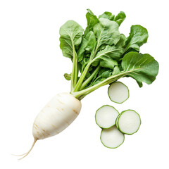 Fresh white radish with green leaves and sliced sections isolated on a transparent background