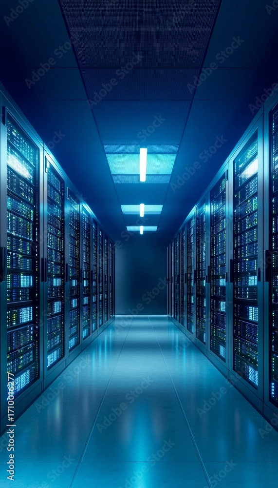 Poster illuminated server room with rows of computer server racks and a shiny, reflective floor.