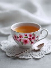 Fototapeta premium Elegant teacup adorned with delicate pink floral design, perfect for afternoon tea or a moment of tranquility. Symbolizes beauty, calm, and sophistication.