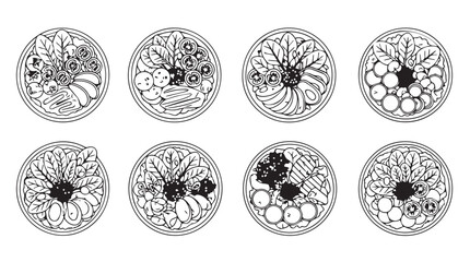 Set of eight intricate circular ornaments with radial symmetry and abstract designs silhouette