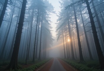 Fototapeta premium La niebla cubre un tranquilo sendero forestal al amanecer, con altos pinos y luz brillante filtrándose a través de las ramas