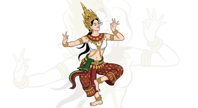 A stylized illustration of an apsara dancer in traditional attire, showcasing graceful movements and cultural heritage for educational and decorative purposes